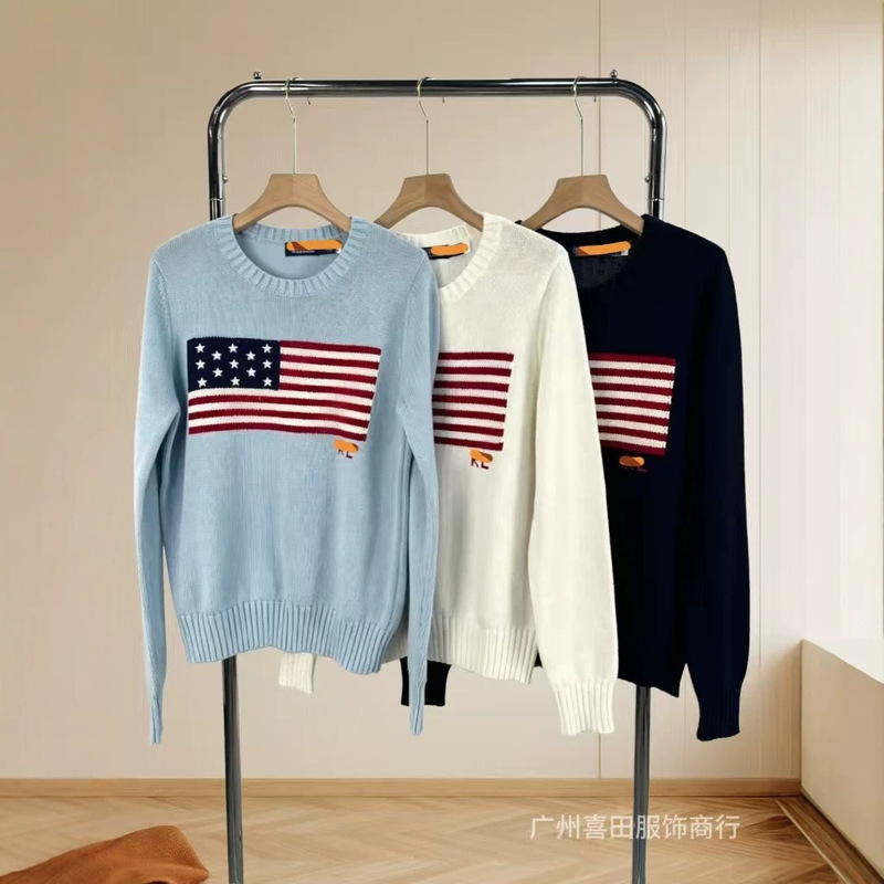 High-End R.L European and American New Style Loose Round-Neck Sweater with Flag Pattern, Simple and Versatile, Fashionable Knit Sweater for Casual Wear High-End R.L European and American New Style Loose Round-Neck Sweater with Flag Pattern, Simple and Versatile, Fashionable Knit Sweater for Casual Wear