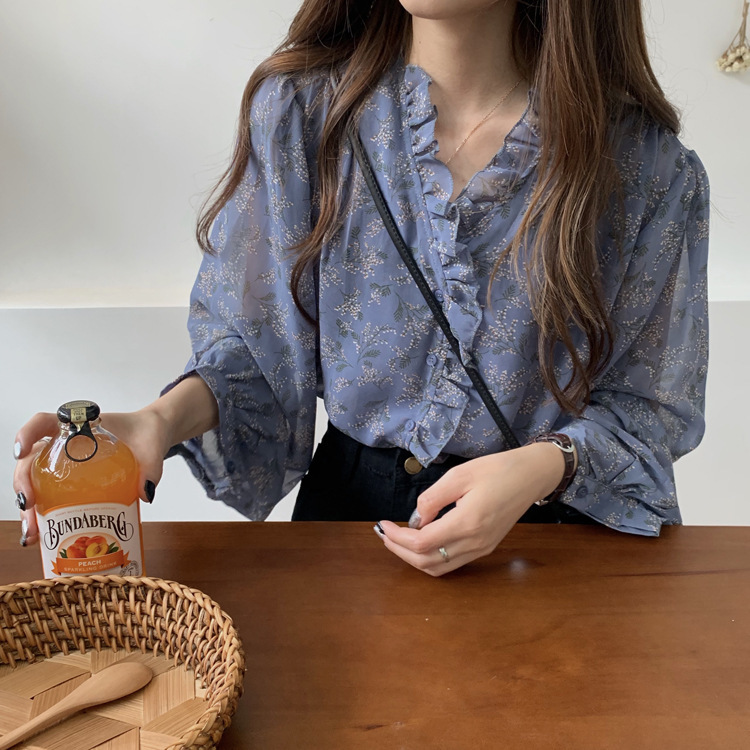 東大門韓国風秋の優しい風花柄高級シフォンシャツ長袖ボトムシャツパフスリーブトップ|undefined