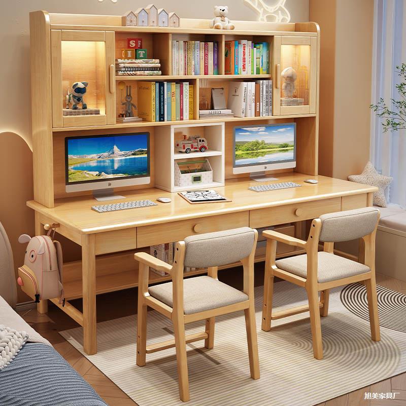 Solid Wood Desk Bookshelf Integrated Table Simple Home Bedroom Office Computer Desk High School Student Special Double Writing Desk Solid Wood Desk Bookshelf Integrated Table Simple Home Bedroom Office Computer Desk High School Student Special Double Writing Desk