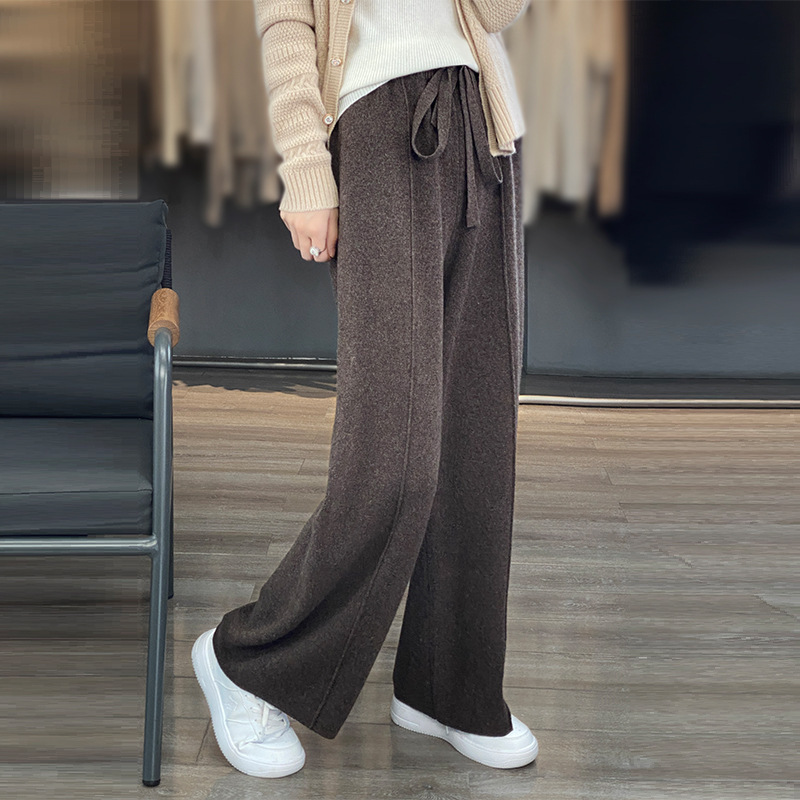 23 autumn and winter New High waist solid color medium stitching straight mop pants loose Casual Full wool lace-up knitted trousers