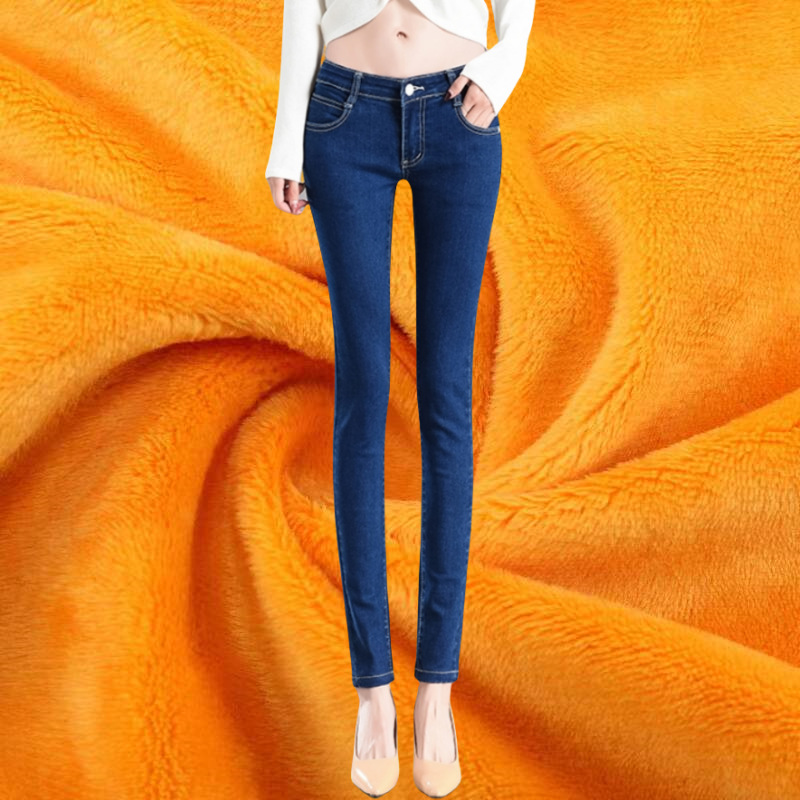 低腰加绒保暖冬季女装小脚牛仔裤修身显瘦弹力紧身性感露脐女裤子