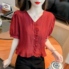2025 夏の新フレンチスタイル耳赤シフォンシャツ女性の襟半袖ショートシャツトップ
