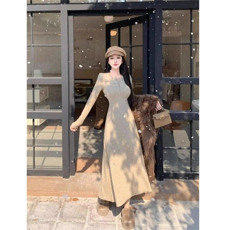 女洋气V领收腰修身针织打底裙纯色连衣裙中长裙法式气质针织春秋|undefined