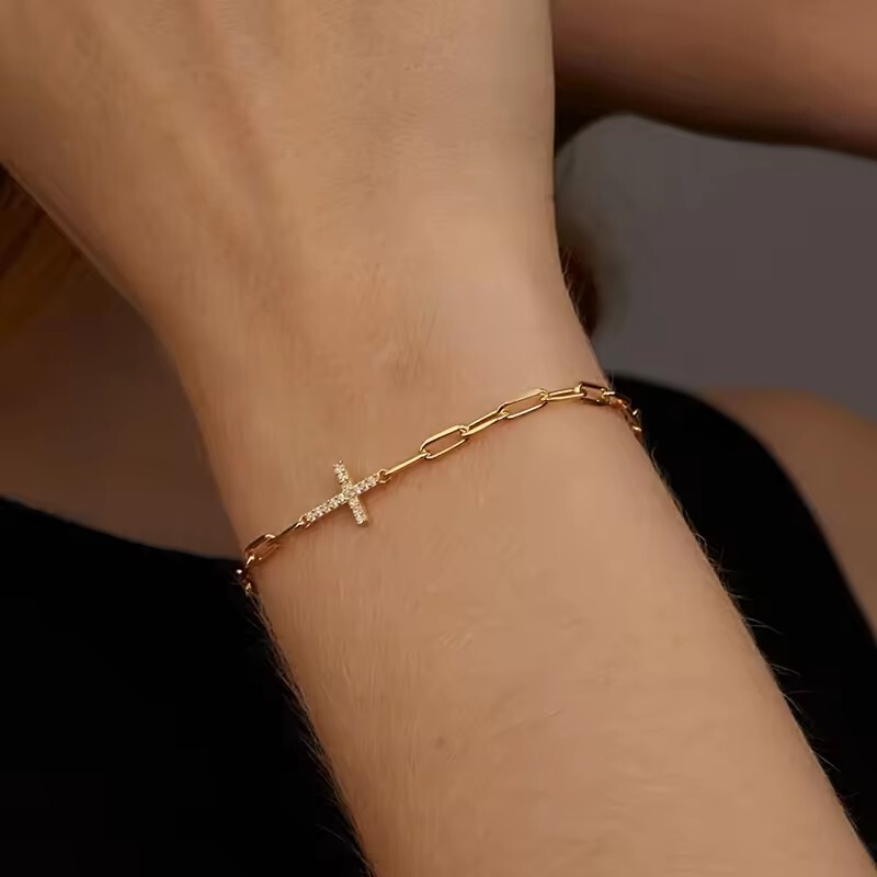 New Paper Clip Zircon Cross Bracelet Korean Style Hot Selling Niche Design Stainless Steel Diamond Light Luxury Bracelet