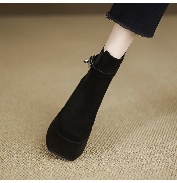 Boot Chelsea nữ cổ thun đế xuồng gót vuông mũi vuông phong cách bụi — Lót đơn màu hạnh chi tiết 10