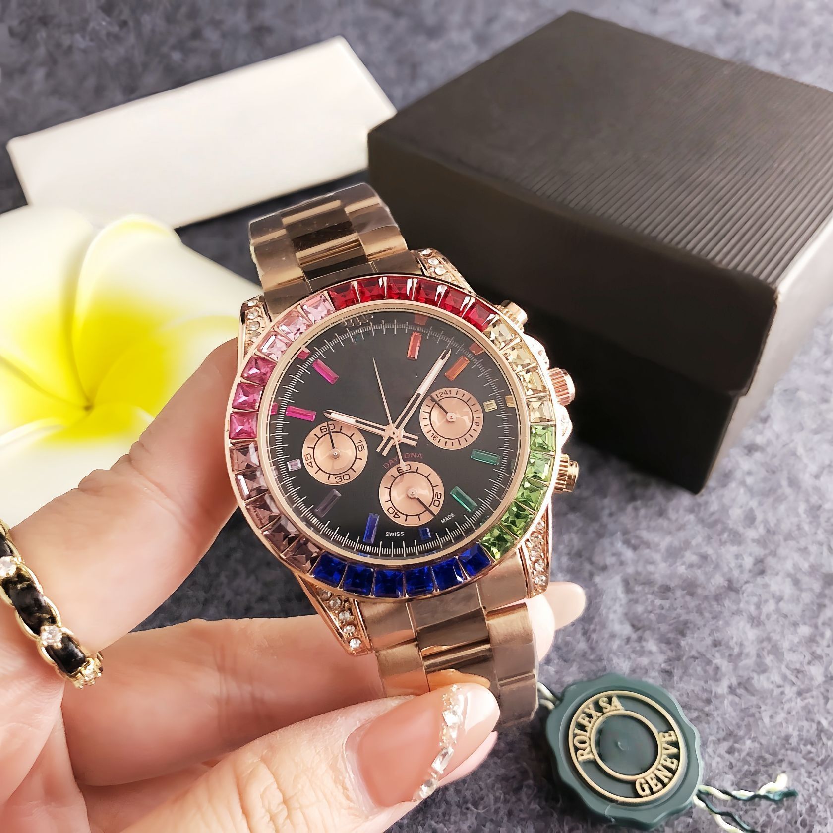 Racing Series Diamond Rainbow Di Men's Watch Three Eyes Six Needles Men's Luxury Rose Gold Color Diamond Waterproof Watch