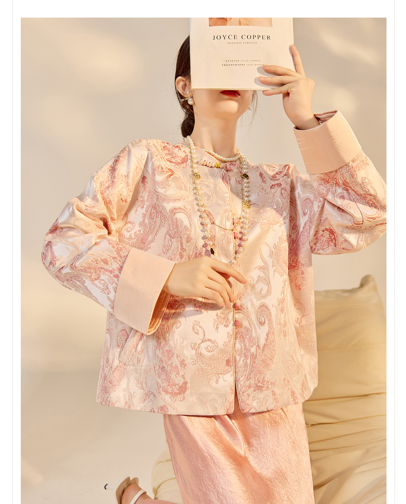 Áo khoác nữ kiểu Trung Hoa mới, chất liệu jacquard họa tiết nổi, phối khuy cài, form suông thu đông N9025 — Miju [phiên bản cotton], Hồng nhạt [phiên bản cotton], hồng nhạt, cơm cam chi tiết 22