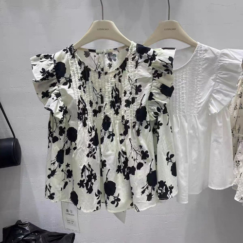 2025 Sweet Short-Sleeve Top Flying Sleeve Shirt Summer French Unique Loose Slimming Babydoll