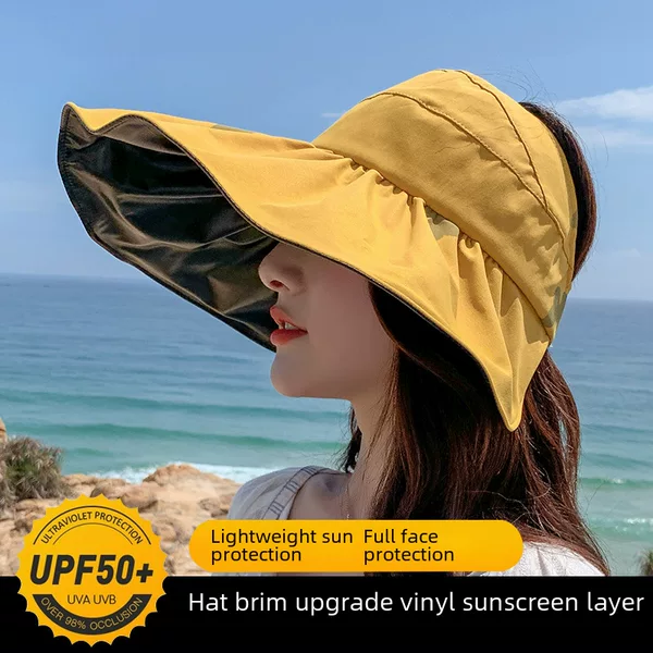 Sun Protection Beach Hat for Women, Summer Versatile Foldable Sun Hat with Large Brim, Black Rubber Open-Top Sun Hat