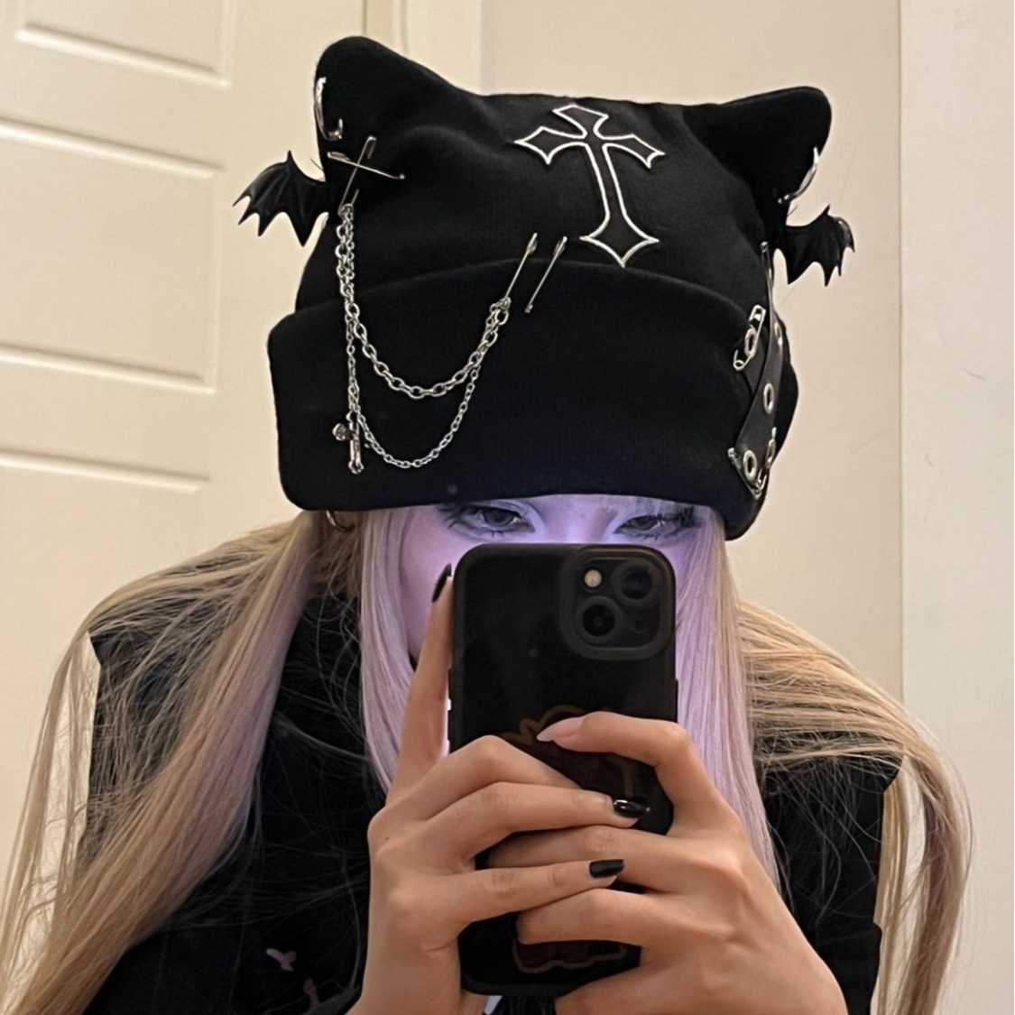 Subcultura punk original sombrero de orejas de gato cadena cruzada sombrero de lana de otoño y invierno caliente sombrero de orejas de gato abi