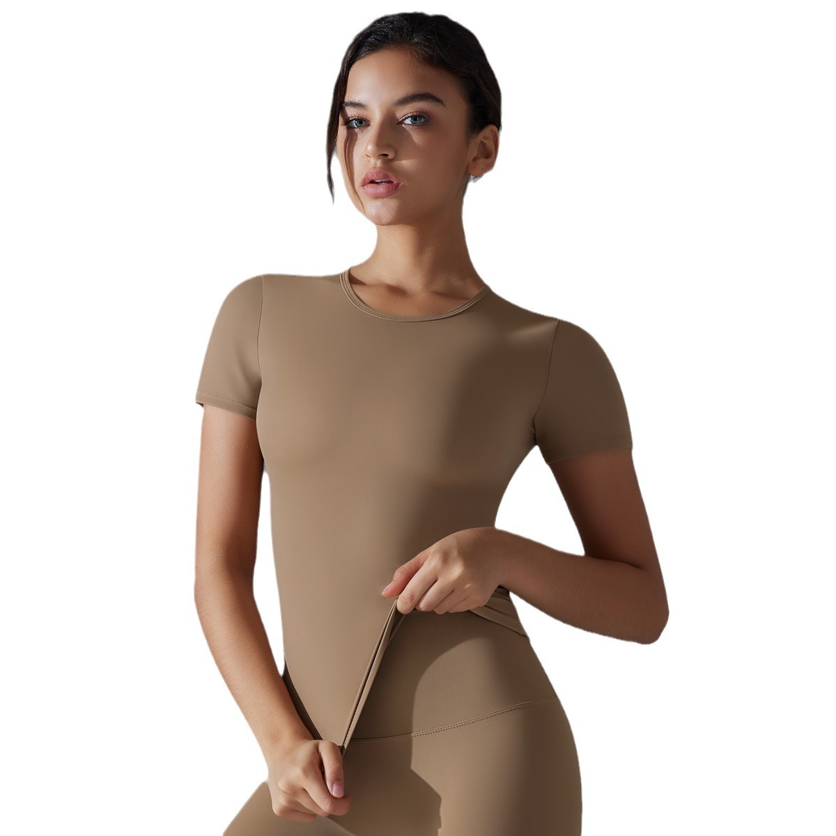 Nuevo color sólido de dos lados abrasivo alto elástico apretado ropa de yoga transpirable mangas cortas camiseta deportiva de ejercicio de yoga