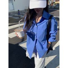 黄峥初秋纯棉宝兰色衬衫女长袖宽松纯色叠穿衬衣外套开衫潮530855