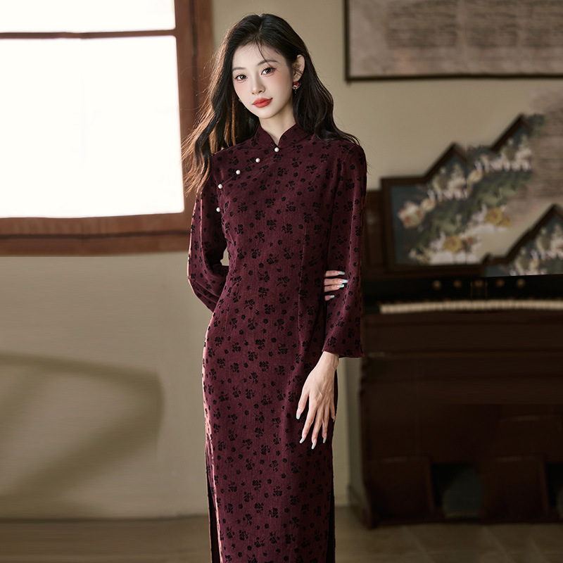 蓝色红色倒大袖国风新中式秋季长袖旗袍改良年轻款女复古收腰春秋|undefined