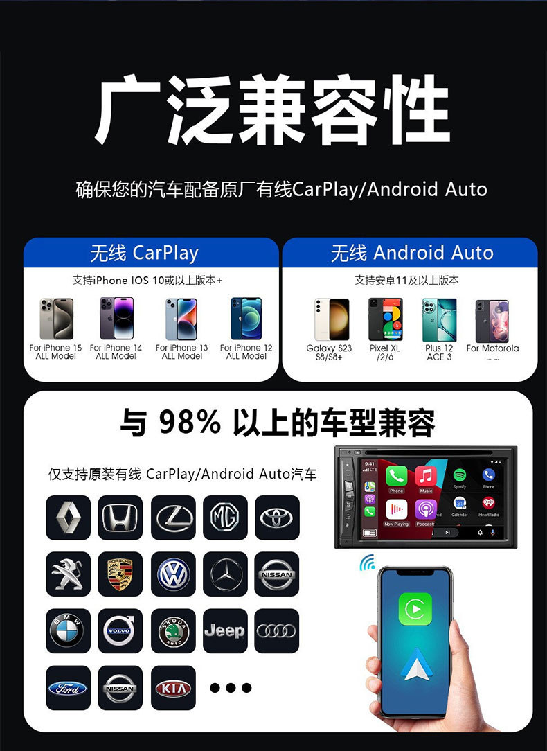 Suitable for wireless CarPlay and Android Auto car navigation systems; a 2-in-1 wired-to-wireless adapter for in-car use, enabling screen mirroring