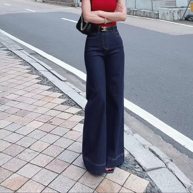 높은 허리 다크 블루 청바지 여성용 2024 복고풍 여름 새로운 도착 세탁 슬림 핏 스트레치 슬리밍 유행 스트레이트 다리 바지