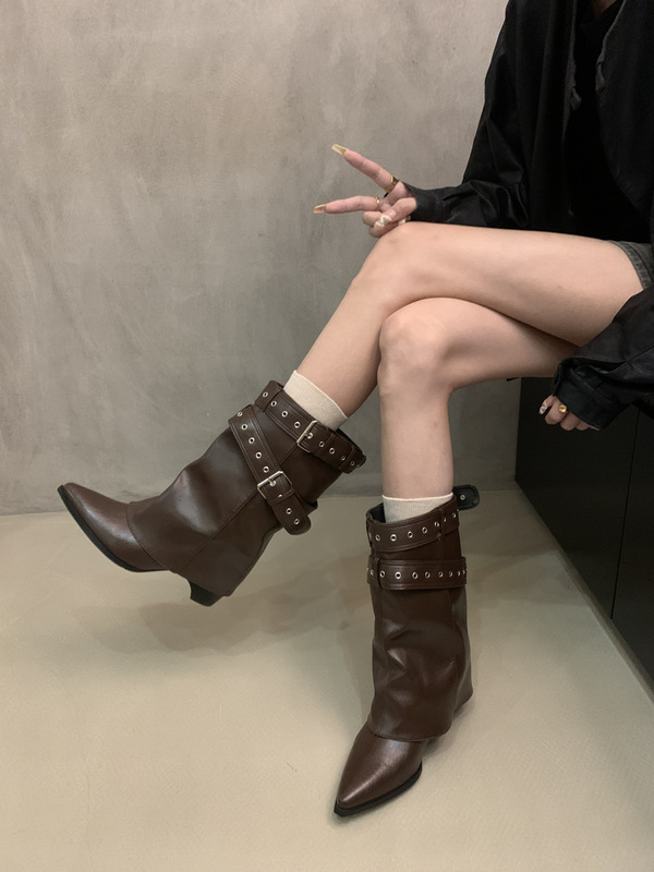 复古粗跟中筒靴女2025新款秋季百搭尖头西部牛仔靴皮带扣裤管靴子|undefined