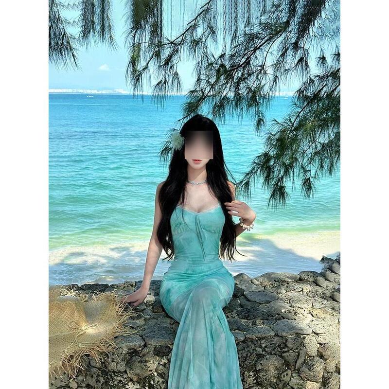 French Green Floral Mesh Suspender Dress for Women Spring and Summer Seaside Vacation Elegant Waist-Covering Fishtail Long Skirt