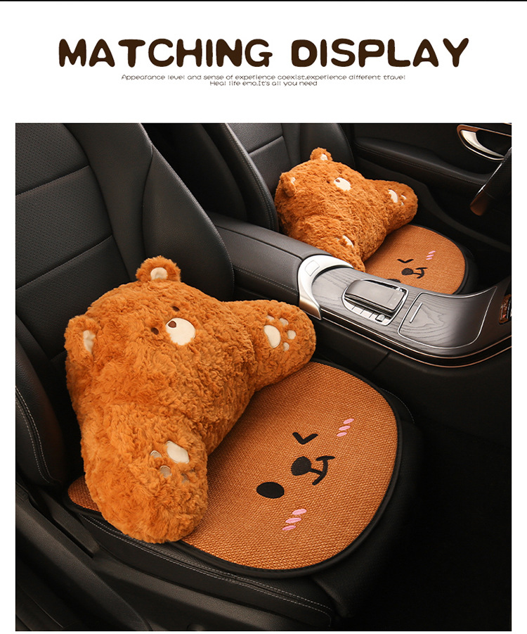 Car Seat Cushion Bear Cartoon Four-Season Universal Non-Slip Anti-Dirt Linen Seat Cover Protective Cover Full-Cover Linen Cartoon