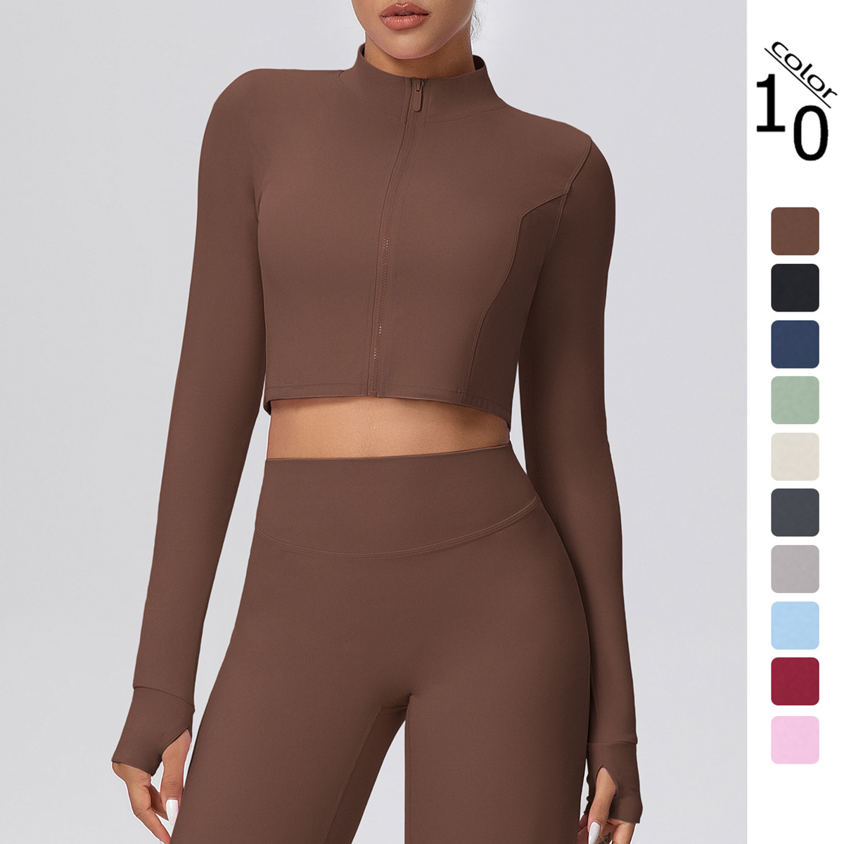 Nuevo cross-border color sólido molido cremallera corta chaqueta de manga larga ropa de yoga deportiva para correr fitness yoga tops mujeres