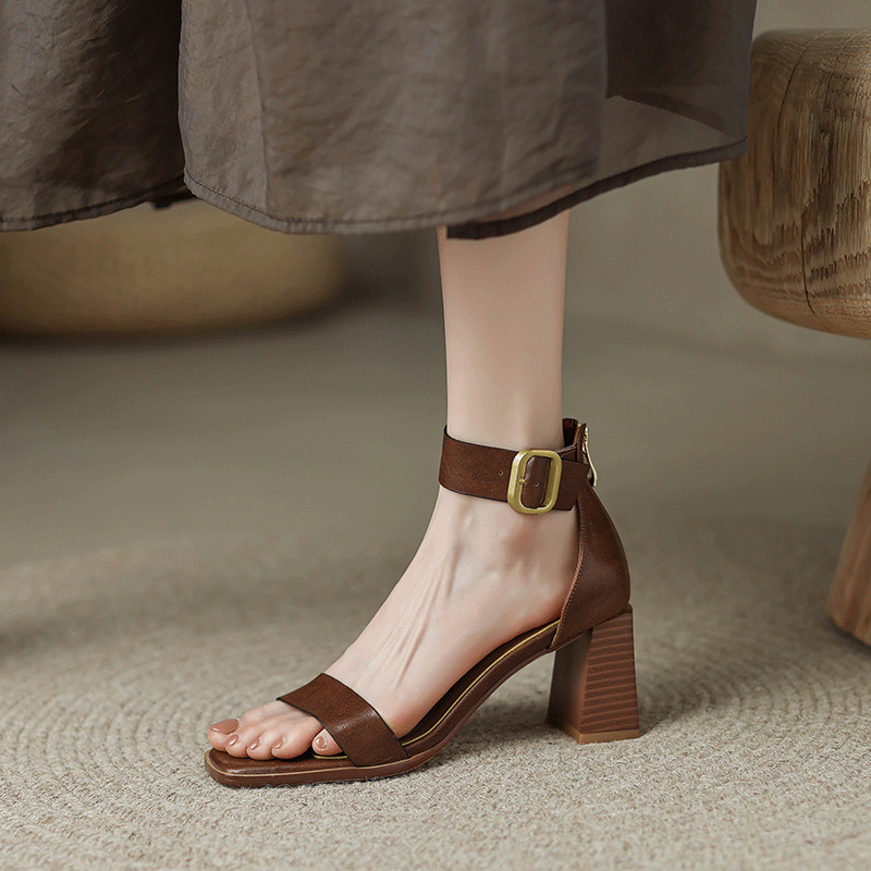 Wholesale French retro brown simple one word with square toe open toe temperament thick heel high heels bag heel sandals for women Summer