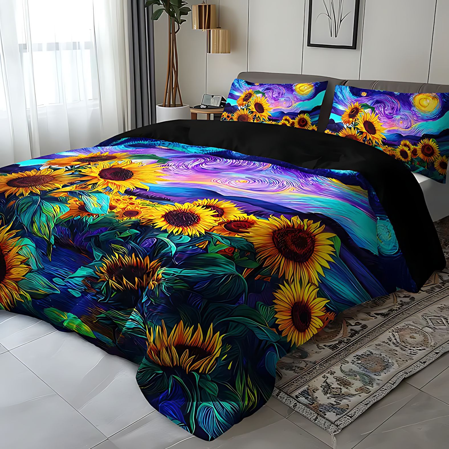 TEMU / JIT transfronterizo nueva estrella girasol impresión digital HD cómodo abrasivo colcha de colcha set de almohada