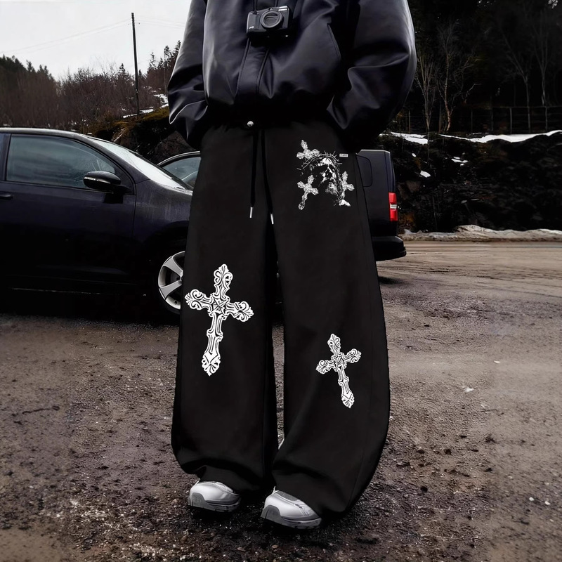 Spring and Autumn New Y2K Dark Gothic Print Loose Slimming Unisex Drawstring Sweatpants Wide-Leg Joggers