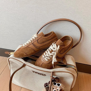 Soft Leather Soft Bottom Vintage German Training Shoes Women's Genuine Leather Lace-Up Flat Casual Sneakers for Autumn and Winter 2024 New Forrest Gump Shoes