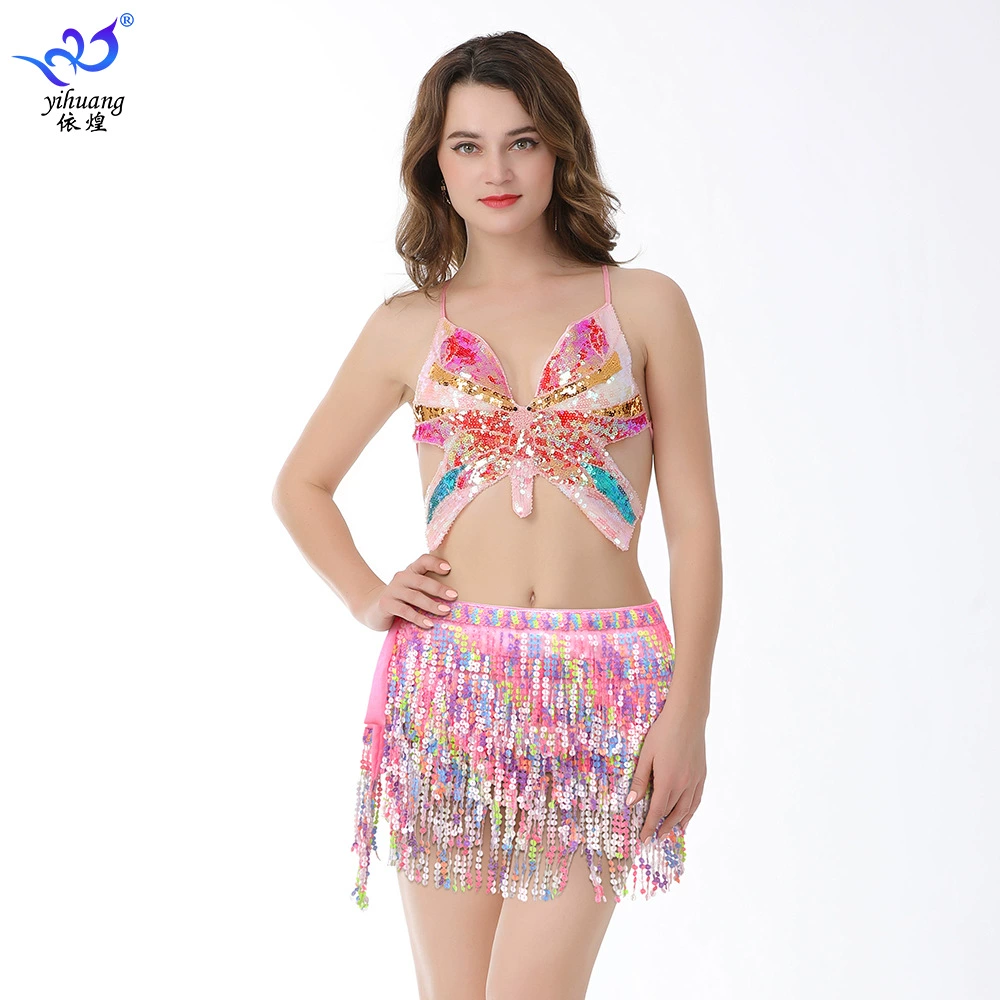 Хэллоуин костюм с блестками Танцевальный костюм с блестками Танец живота Бабочка бюстгальтер с бахромой