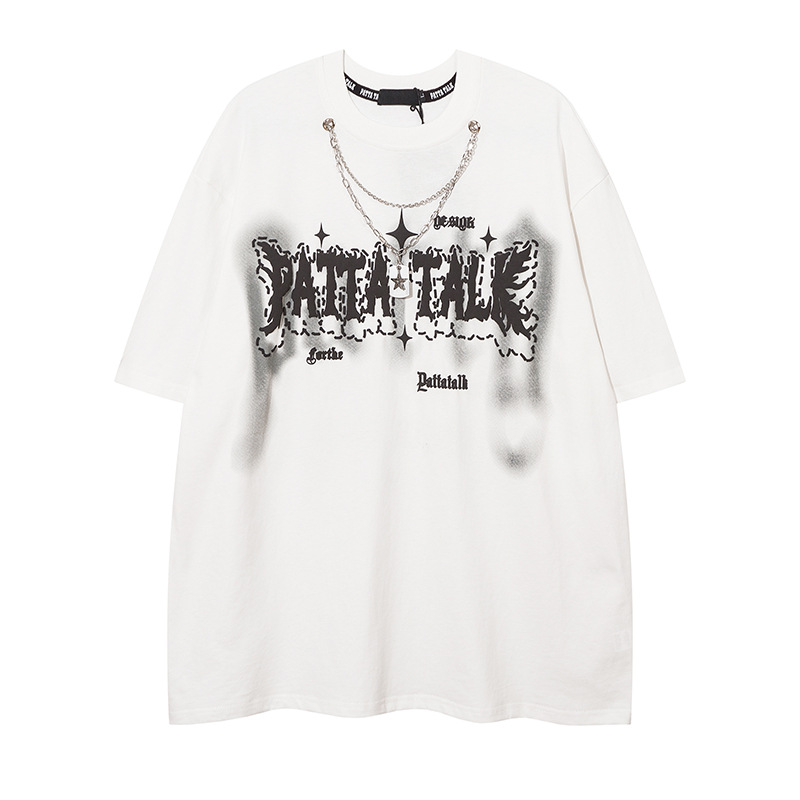 TKPA潮流短袖t恤美式潮牌hiphop字母印花項鍊寬鬆情侶半袖T恤男女