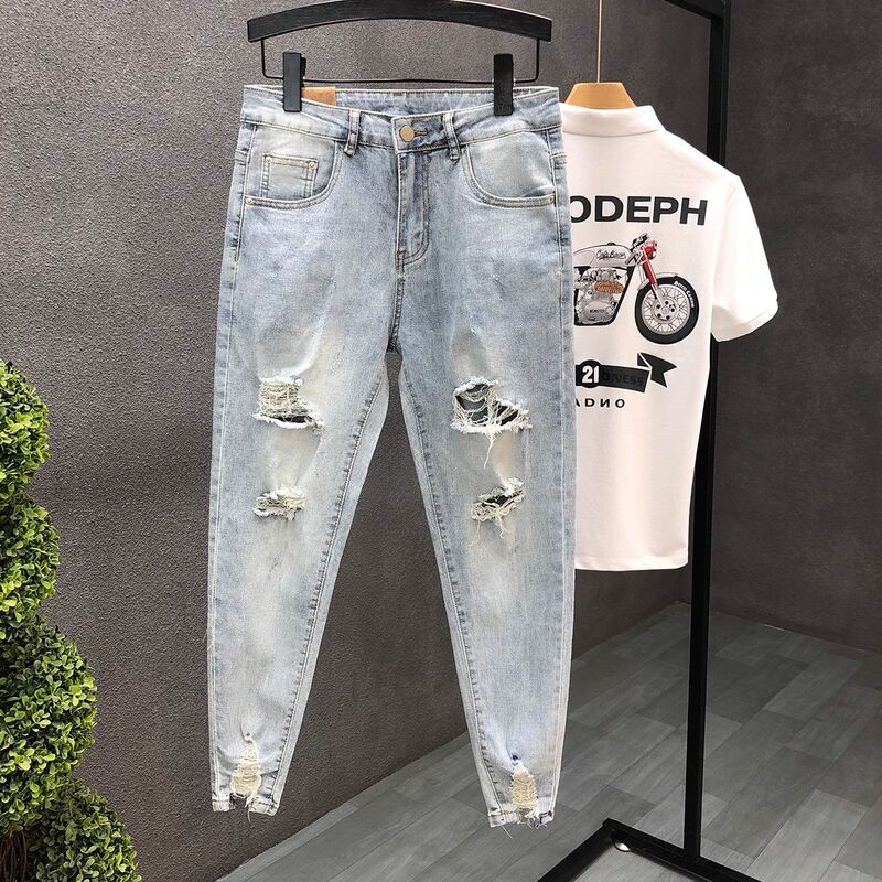 2024 Summer New Arrival Ripped Ankle-length Pants Men's Trendy Brand Jeans Slim-fit Ankle Pants Men's Light Color Pants