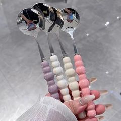 不锈钢彩色珍珠柄勺子塑料柄圆勺调羹勺蛋糕甜品勺北欧风日用