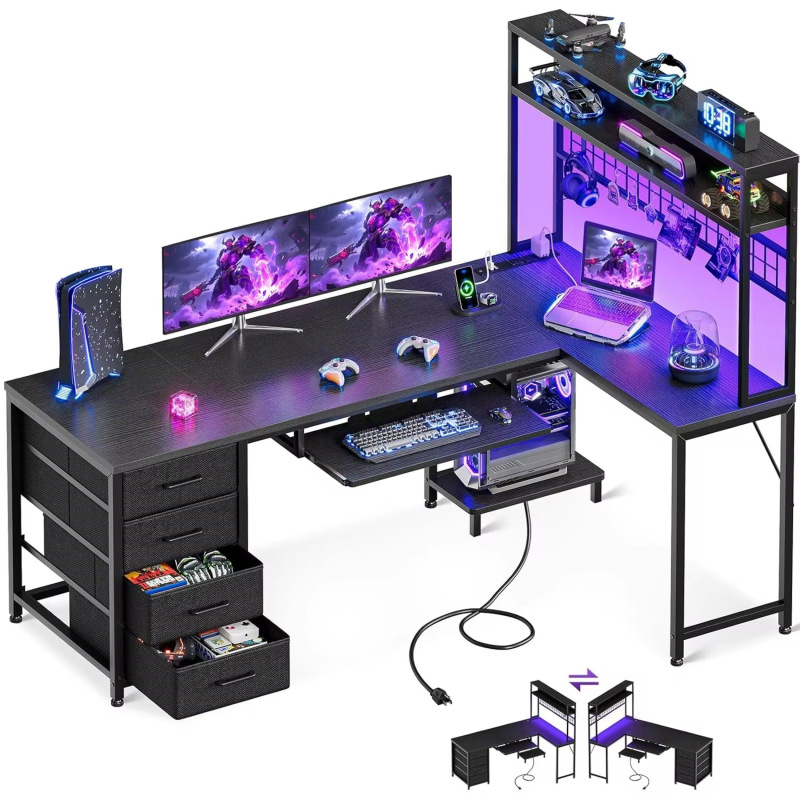 Cross-Border E-Commerce Amazon Hot-Selling Product: Cool Black Multi-Functional Computer Desk for E-Sports with Storage Shelves and Drawers