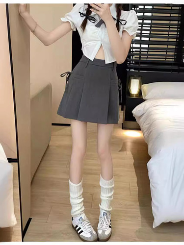 Gray Pleated Shorts for Women - Summer 2024 New Sweet College Style A-Line Skirt Pants - Casual and Slimming High-Waisted Skirt