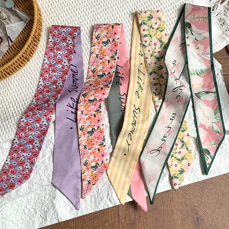 Bufanda de seda, banda larga, sentido de alta gama, una variedad de coloridos y románticos bolsos de atar flores, cintas para el cabello, cintas para el cabello
