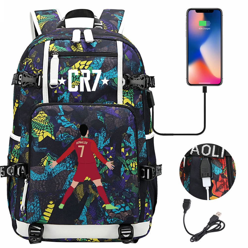 新款足球球星C罗USB大容量青少年学生书包男女休闲旅行双肩背包