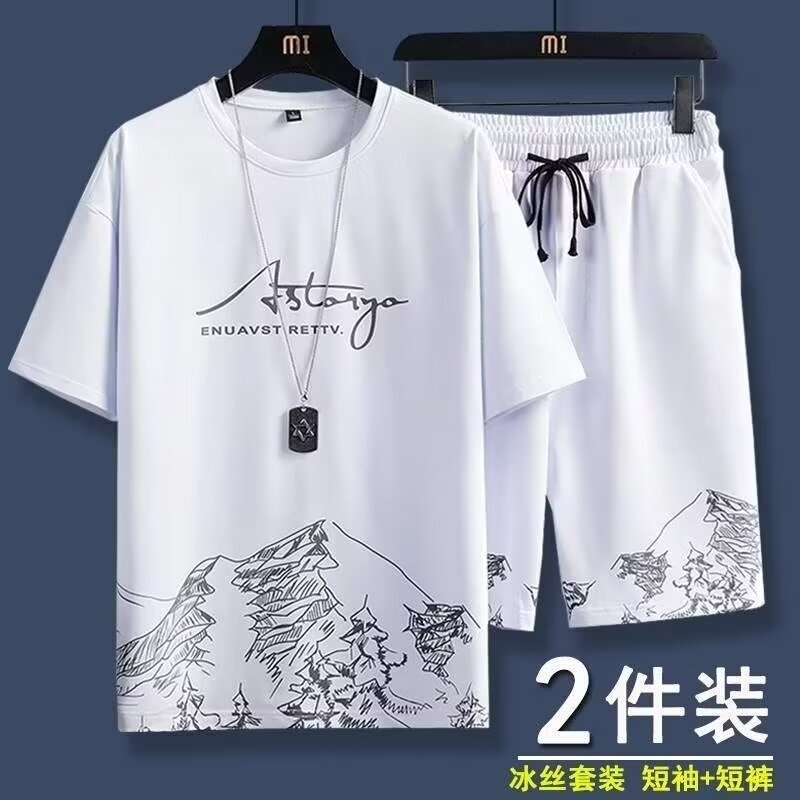 男士冰丝短袖短裤宽松运动套装2024夏季新款青少年潮流休闲两件套