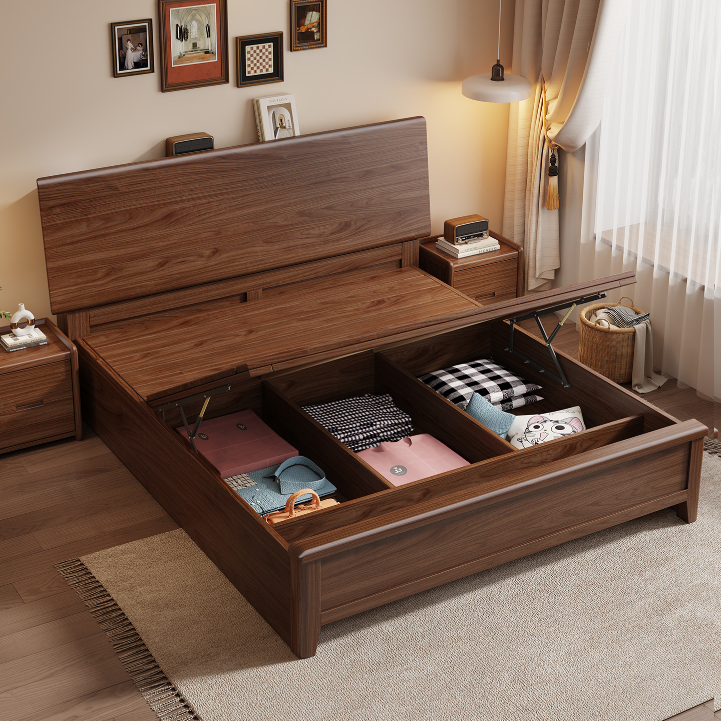 2025 New Solid Wood Bed 1.8m X 2m Large Bed Sturdy and Durable Box Bed Storage Bed Guest Room Furniture