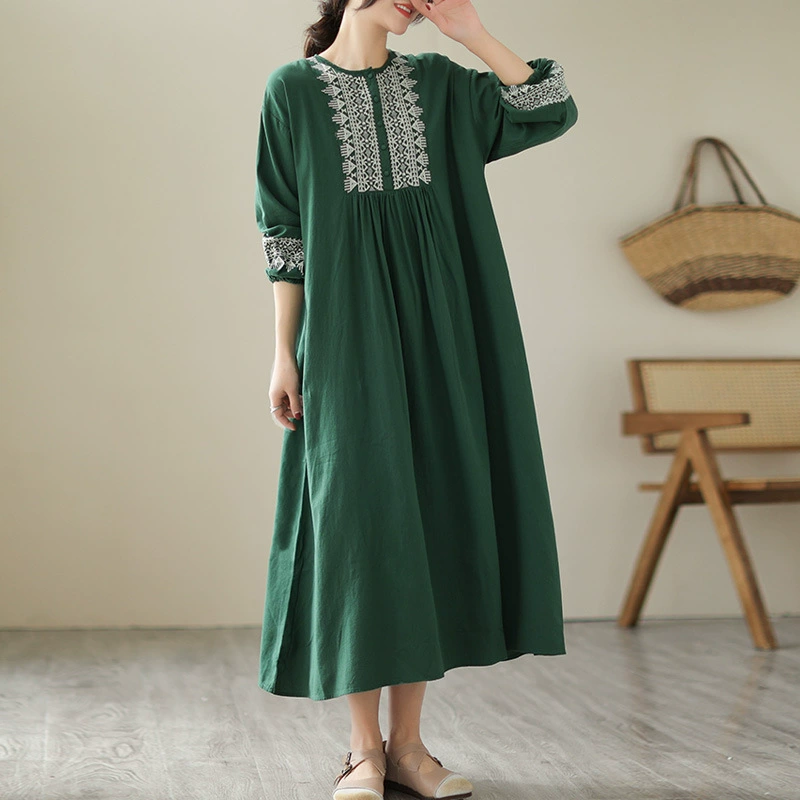 Летнее платье с длинными рукавами, корейский стиль, plus size, вышитый круглый воротник, беж/зелёное