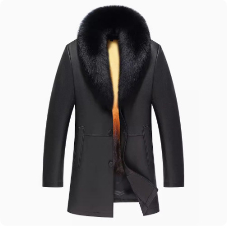 Haining Leather Jacket for Men, Made of Top-Layer Cowhide, with a Suit Collar, Mid-Length, Integrated Leather and Fur, Full Mink Fur Lining Coat