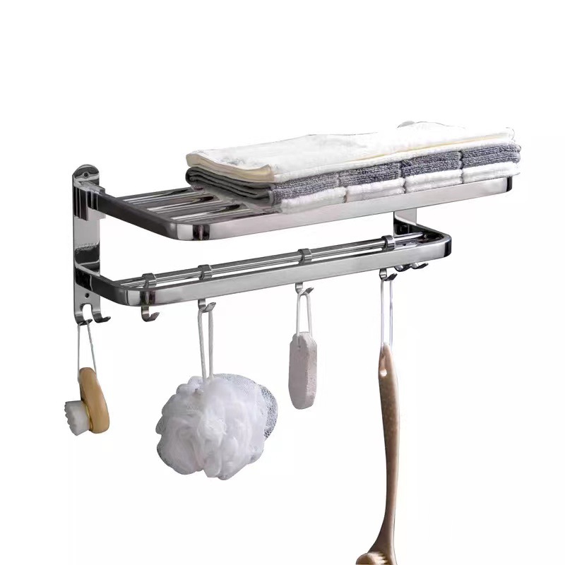 Perforación-libre 304 Acero inoxidable plegable móvil toalla rack Hotel toalla rack nuevo D-tipo de almacenamiento de pared cepillado brillante