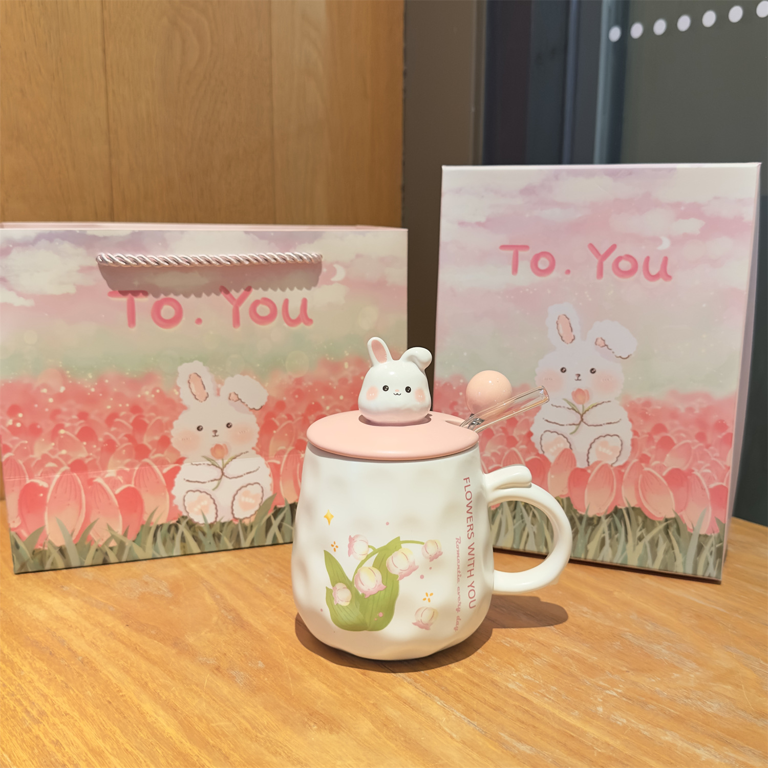 [Gift Box + Gift Bag] Lily of the Valley Rabbit Cup + Cover + Spoon