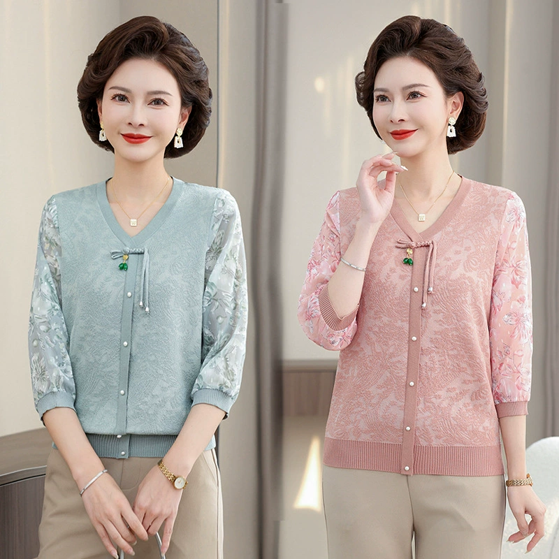 Мама средних лет весной трикотажная рубашка иностранная 2025 новая средняя и пожилая женщина летняя темпераментная рубашка с рукавами