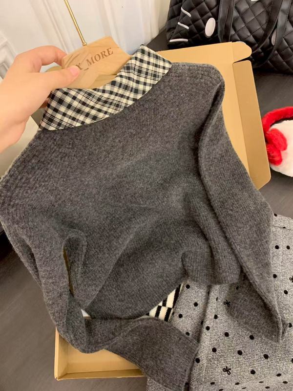 高级设计感格纹拼接polo领系带长袖女韩系立体纽扣针织衫外套上衣|undefined
