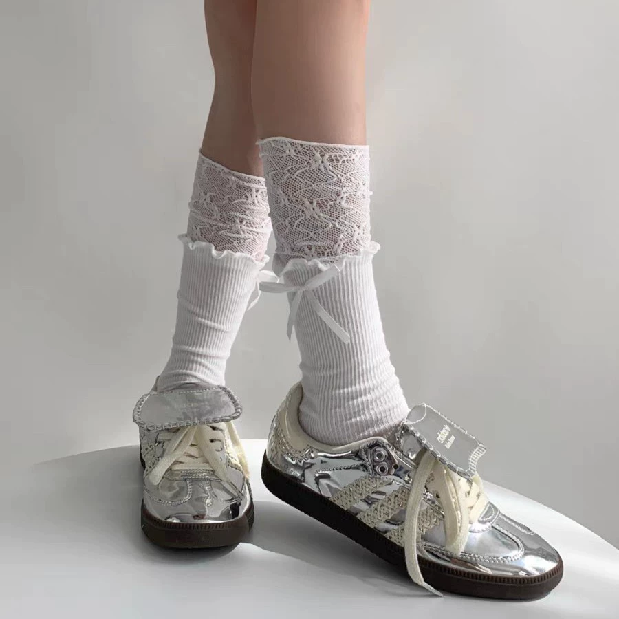 Autumn white colored lace knee socks with bow, Lolita style, lace dress