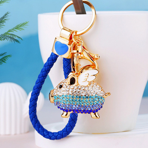 Rhinestone gradient piggy car keychain female cute bag pendant metal key chain ring creative business gift
