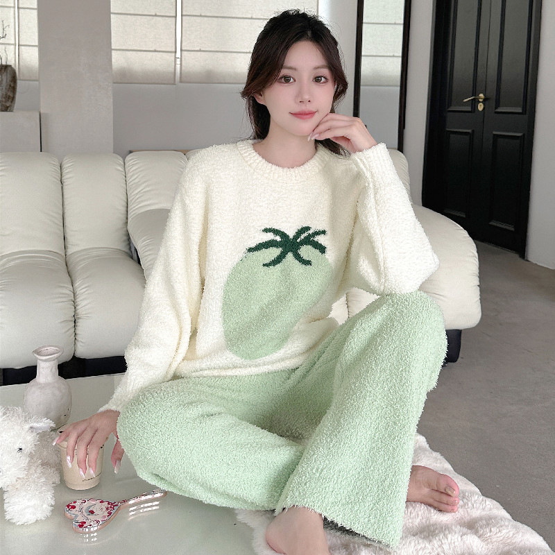 2024加厚款半边绒睡衣女冬长袖加厚软绵绵甜美休闲保暖加绒睡衣