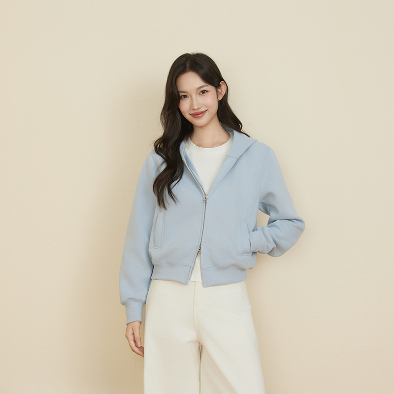 Qingdao Jimo Loose Casual Short Double Zipper Hooded Sweatshirt Autumn and Winter Velvet Thickeneded Cardigan Jacket for Women