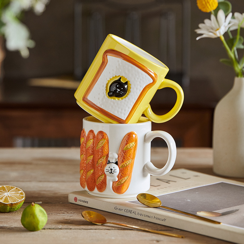 Japanese cartoon 3D internet celebrity bread cat ceramic cup mugs high-quality oat cup coffee cup