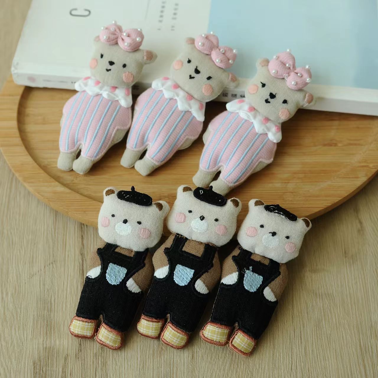 Sweet and Cute Pink Bow Bear Overalls Fabric Stuffed Cotton Doll Bear Pendant Necklace Mori Girl Brooch