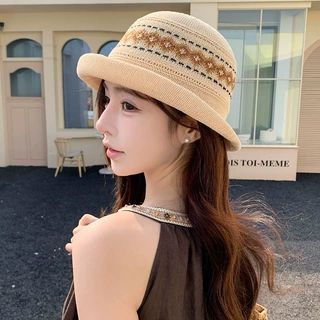 韩版针织盆帽子女春夏季显脸小遮阳防晒透气渔夫帽百搭度假风草帽